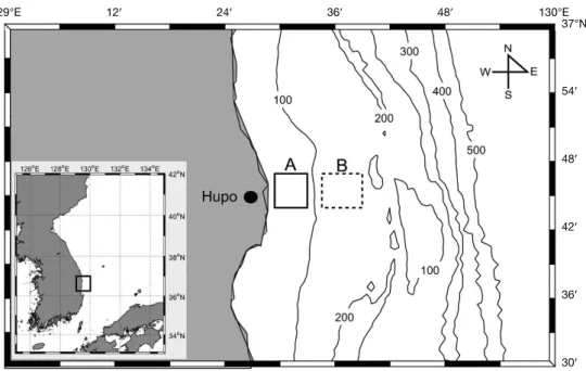 Fig. 1.  Location of two study sites in the coastal waters off Hupo, East Sea. Samples were collected within boxed areas in each study site (i.e