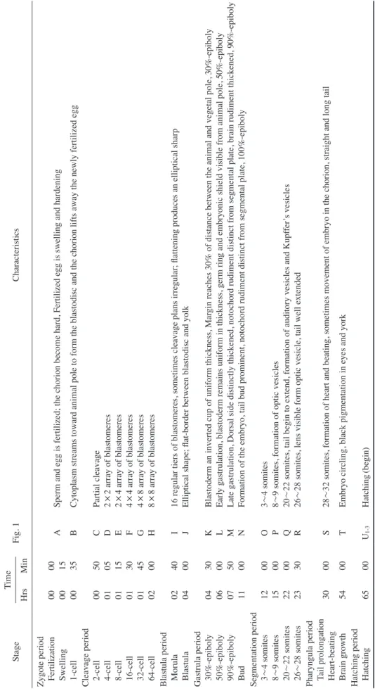 Table 1. Time required for embryonic stages of Squalidus multimaculatus at 25°C StageTimeFig
