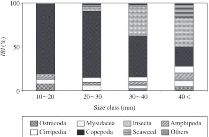 Fig. 4. Variation (mean±standard deviation) of mean number of  preys per stomach (mN/ST) and mean volume of preys per stomach (mV/ST) of Chaenogobius annularis among size class.