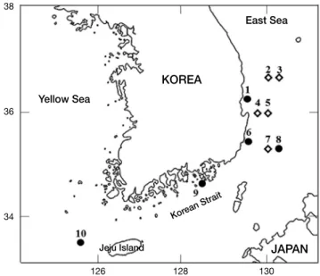 Fig. 1.  Map showing the sampling area of Tanakius kitaharae and  Glyptocephalus stelleri larvae (●: Tanakius kitaharae, ◇:  Glypto-cephalus stelleri).