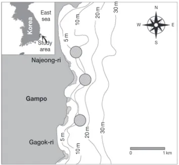 Fig. 1. A map showing the sampling sites (circles with oblique line)  in coastal waters off Gampo, Korea.