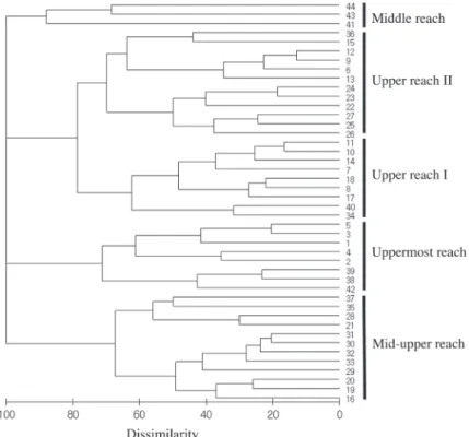 Fig. 4. A dendrogram written out using similarity matrix showing the grouping of fish community in upper reach of the Nakdong river (measure: 