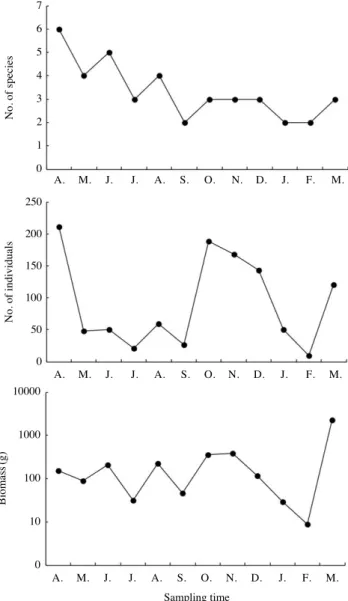 Fig. 3. Monthly variations in number of species, number of individu- individu-als, biomass of fishes collected in the tidal creek of Sangnae-ri  Sun-cheon, Korea.