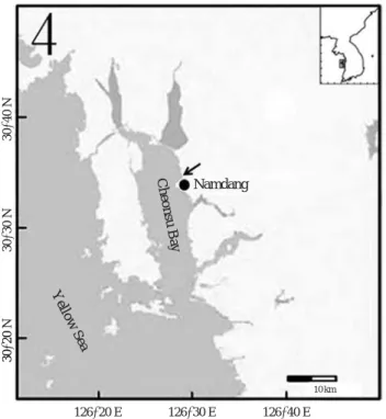 Fig. 2. Monthly variation in water temperature and salinity in the shallow water at Namdang beach from April 2010 to March 2011.