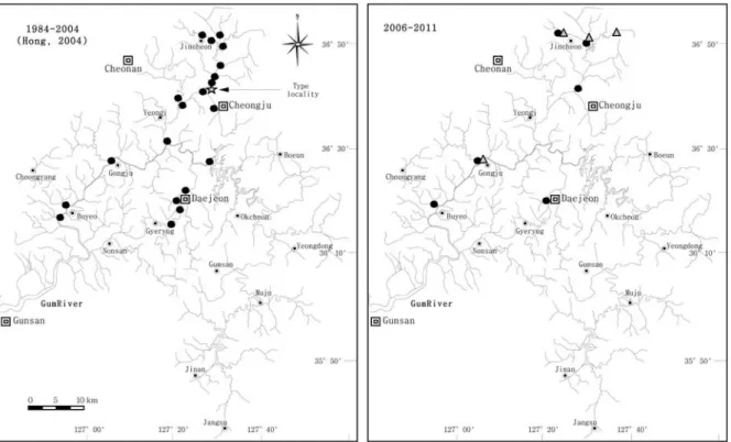 Fig. 1. Appearance locality of Cobitis choii in Gum River, Korea. ☆: type locality, △: release station, ●: appearance station.
