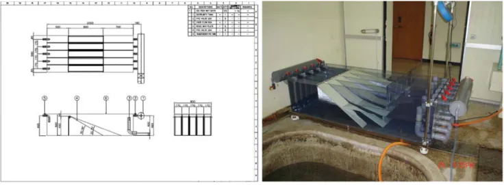 Fig. 1. Fish ladder used for the experiment: design drawing (left) and overview of glass eel-ladder (right)