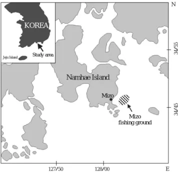 Fig. 1. Sampling site for fisheries resources study by a set net in the coastal waters off Mizo, Namhae Island, 2004.