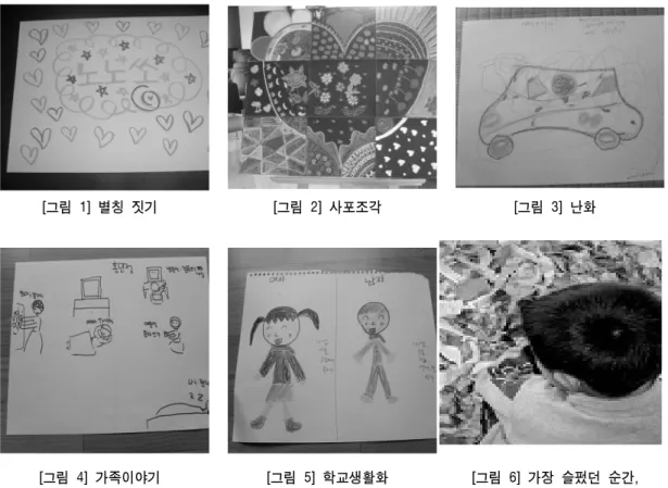 [그림  1]  별칭  짓기      [그림  2]  사포조각 [그림  3]  난화 [그림  4]  가족이야기 [그림  5]  학교생활화 [그림  6]  가장  슬펐던  순간,  마음이  아팠던  순간 (종이  찢어  표현하기)3