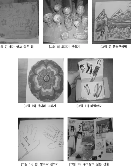 [그림  7]  내가  살고  싶은  집 [그림  8]  도자기  만들기 [그림  9]  풍경구성법 [그림  10]  만다라  그리기 [그림  11]  비밀상자 [그림  12]  손,  발바닥  본뜨기 [그림  13]  주고받고  싶은  선물4)  종결  단계(22-24회)이 단계에서는 그동안 선생님을 포함한 학교생활과 가족생활,  대인관계에서 달라진 점을 우리집 만들기와 소망나무꾸미기 작업을 통해 완성한 후 이야기 나누는 시간을 가졌다