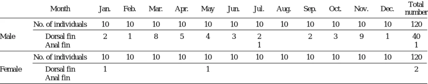 Table 3. Monthly comparison of number of the individuals having convex margin at the dorsal and anal fin in Acheilognathus chankaensis from Korea