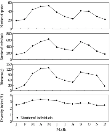 Fig. 4. Monthly variations in number of species, number of indivi- indivi-duals, biomass, and diversity index of fish collected by a fyke net in the coastal water off Namhae Islands in 2006.