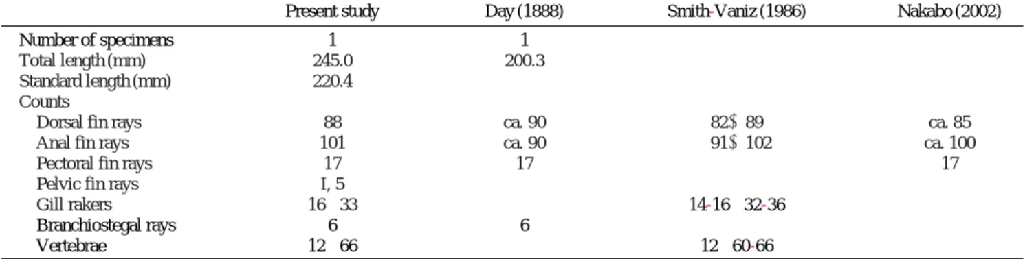 Table 1. Comparison of meristic characters for Acanthocepola indica