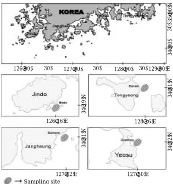 Fig. 1. Map showing the four study areas selected for this study in coastal  waters of Southern Sea, Korea, 2006.126�00′ 126� 16 ′ E 128� 26 ′ E127�02′ESampling site127�50′E127�00′128�00′ 129� 00′E 34�00′30′35�00′N34�41′N34�32′N34�19′N34�31′N30′30′30′
