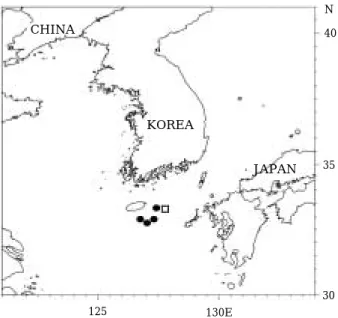 Fig. 1. Map showing the sampling area of Chelidoperca pleurospilus (□) and Parapercis muronis (●) from southern sea of Korea.