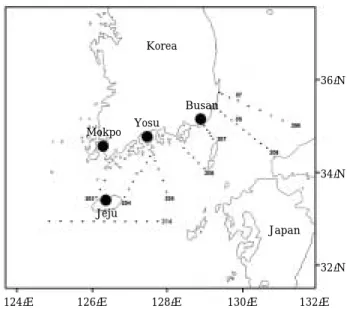 Fig. 1. Map showing the meteorological data observation area (black circle) by KMA (Korea Meteorological Administration) and water temperature  observa-tion staobserva-tions (dotted points) by NFRDI (Naobserva-tional Fisheries Research &amp; Development In
