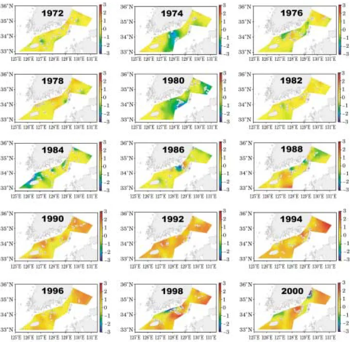 Fig. 4 shows the annual variation in yellowtail catch in Korea, including the South Sea, over 32 years, from 1971~2002
