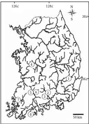Fig. 1. A map showing the sampling localities of L. medi- medi-adiposalis. 