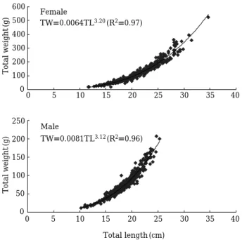 Fig. 9. The von Bertalanffy growth curve in total length of brown sole, Pleuronectes herzensteini in the East Sea of Korea.