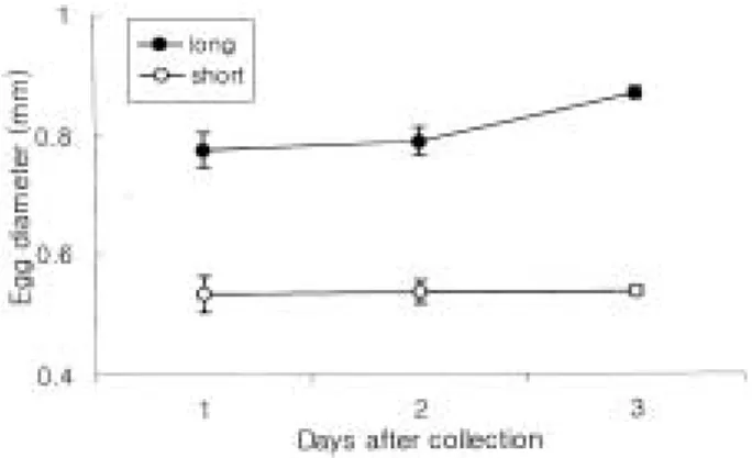 Fig. 3. Egg development of smoky damself ish, Chromis fumea (Tanaka). A: 24 hours after collection egg; B: 29 hours after collection egg; C : 49 hours after collection egg; D: 67 hours after collection egg.