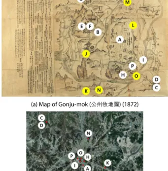 Fig. 5 는 공주목지도에 작성되어 있는 주요 문화재를 표시한  그림이며,  주요  문화재로는  보물(A~G),  사적(H~O),  명승(P)이  존재한다