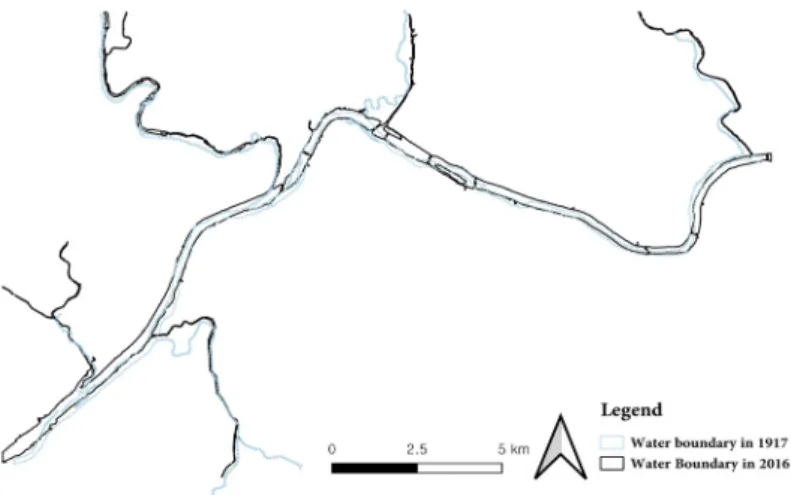 Fig. 11. Change of Manually Extracted River Boundary in 1917 and 2016