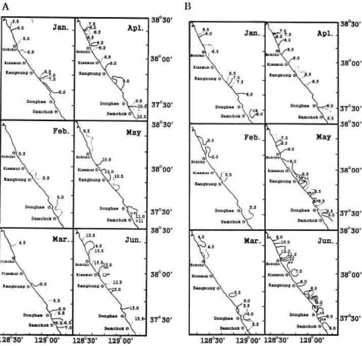 Fig. 3. Monthly horizontal distribution of surface (A) and 30 m depths (B) water temperature (� C) in the Kangwon-do coast from January to June, 1996