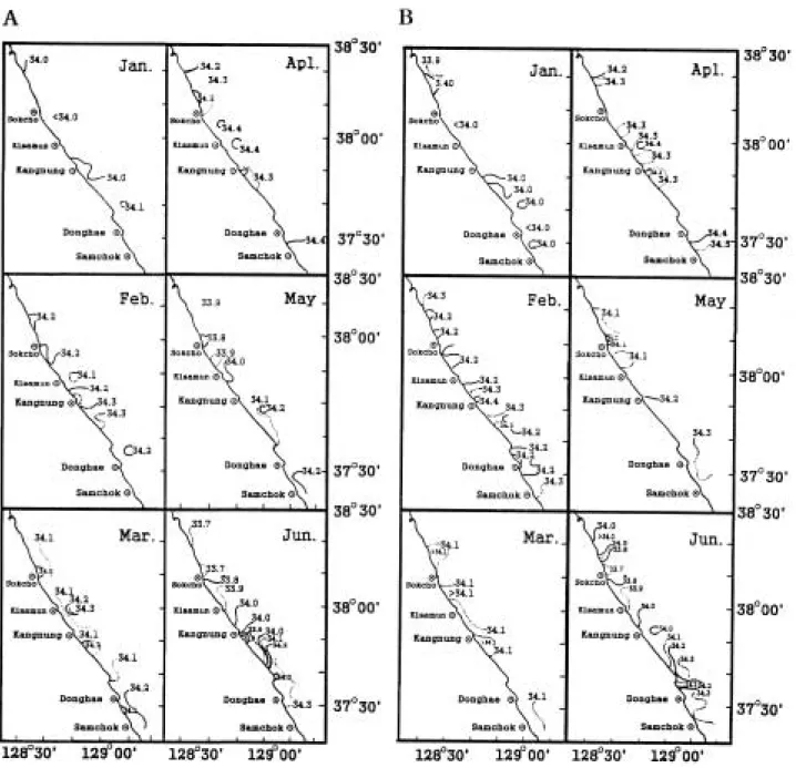 Fig. 4.  Monthly horizontal distribution of surface (A) and 30 m depths (B) salinity (psu) in the Kangwon-do coast from January to June, 1996
