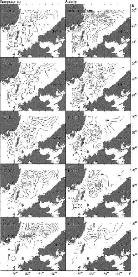 Fig. 2.  Distribution of temperature (� C) and salinity (psu) at 0, 30, 50, 75 and 100 m depths observed in August, 1993 (Kwak et al., 1994).