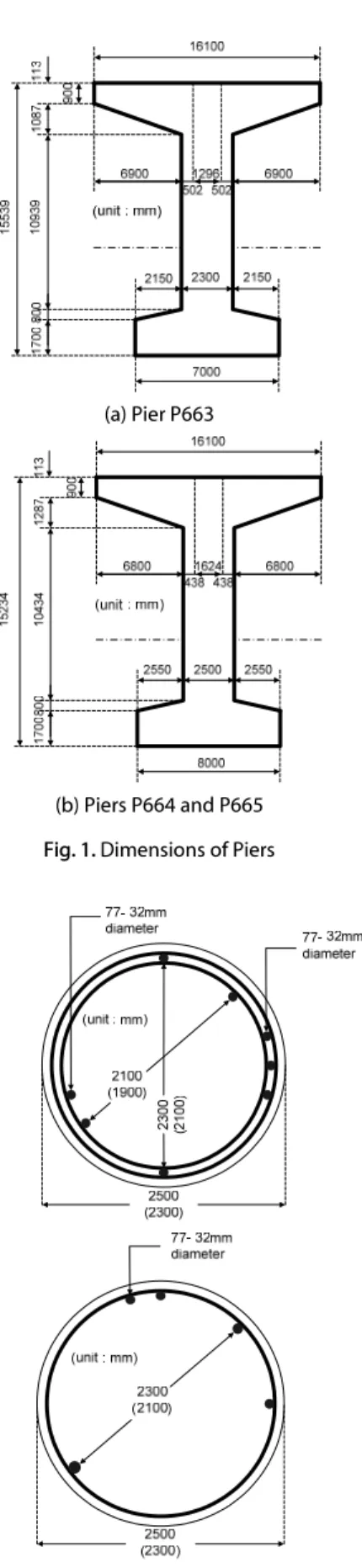 Fig. 2. Cross-Section Details of Piers P664 and P665 (Values in 