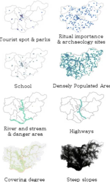Fig. 3. Constraints and Buffers Distance in Miryang   Fig. 4. Candidate Route in Miryang