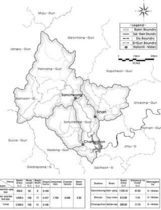 Fig. 1. Subbasins and Major Gauging Stations Map of Namgang  Dam Watershed경우에는 간편하게 수심으로 구성하기도 한다