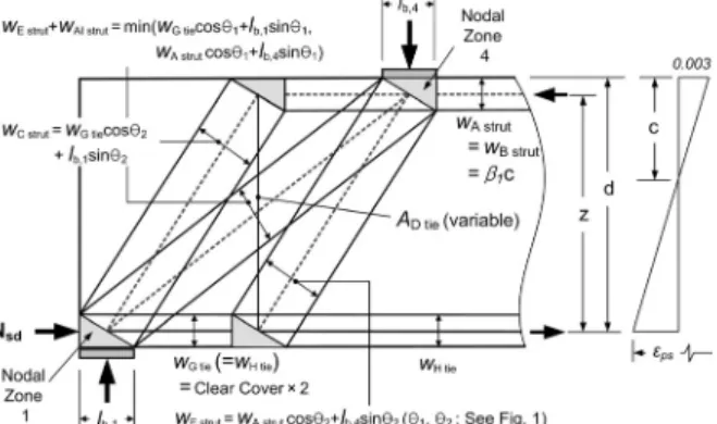 Fig. 4. Maximum Provided Widths of Concrete Struts  절점영역의 유효강도를 만족하는 값을 가지는 것으로 결정한다.   or (3)여기서, 는 보의 폭이며, 은 절점영역의 유효강도계수이다