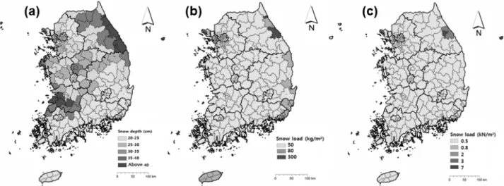 Fig. 4. Snow Design Criteria Map for 3 Representative Facilities: (a) Snow Depth (cm) for Greenhouse, (b) Snow Load (kg/m 2 ) for Cattle Shed  and (c) Snow Load (kN/m 2 ) for Building (Ahn et al., 2014)