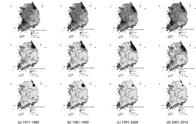 Fig. 5. Change of Heavy Snowfall Days During the Past 40 Years for Each Snow Depth