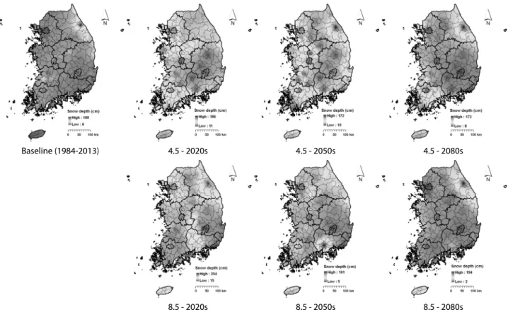 Fig. 7. Snow Depth Distribution Map for Baseline(1984-2013) Period and 2020s(2011-2040), 2050s(2041-2070) and 2080s(2071-2099)  under RCP 4.5 and 8.5 Scenarios of the HadGEM3-RA