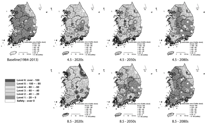 Fig. 10. Future Heavy Snowfall Vulnerable Area of Cattle Shed for Baseline(1984-2013) Period and 2020s(2011-2040), 2050s(2041-2070) and  2080s(2071-2099) under RCP 4.5 and 8.5 Scenarios