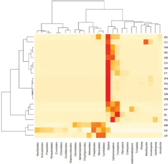 Fig. 2.  NMDS (Non-metric multidimensional scaling) analysis of 20 endangered fishes according to the food sources and cluster according  to hierarchical clustering (Fig