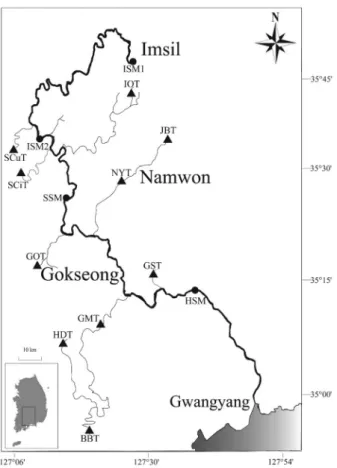 Fig. 1.  Map of the sampling sites in the Seomjin River, Korea (●: 