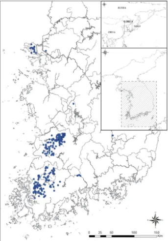 Fig. 1.  Study sites for the habitat and distribution of red swamp  crawfish in Korea