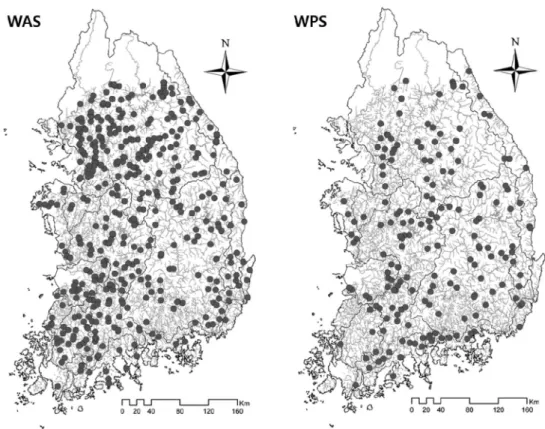 Fig. 1.  Map with the study sites. WAS and WPS represent weir absent sites and weir present sites, respectively.