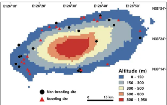 Fig. 2.   The locations of breeding (red triangle) and non-breeding  sites (black circle) of Trachemys scripta elegans in Jeju  is-land, South Korea.
