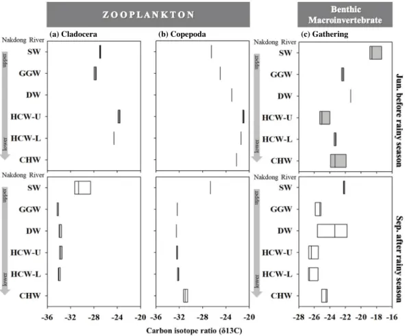Fig. 2.  Spatial and temporal variations in the range of carbon isotope ratios (δ13C) of zooplankton (Cladocera and Copepoda) and benthic  macroinvertebrates functional feeding groups (Gathering group) in Nakdong River.