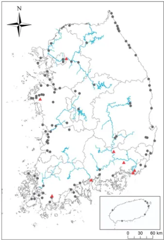 Fig. 1.   Monitoring sites of the Winter Waterbird Census program (2001) in the Republic of Korea