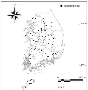 Fig. 1.   Map of South Korea and sampling sites (black dots). The  number of total sampling sites are 108.
