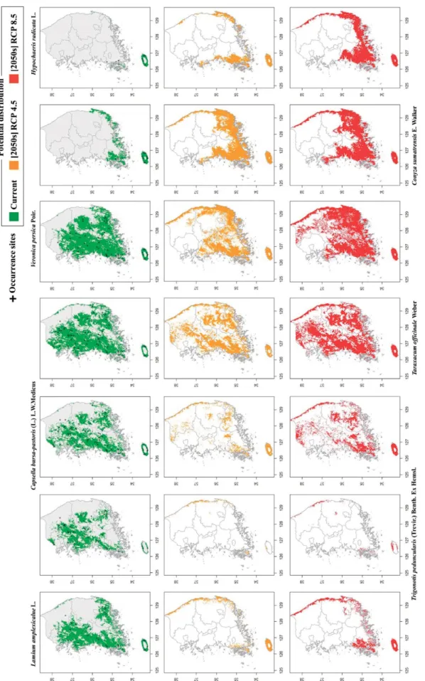 Fig. 2.   Distribution map of seven indicator plant species for climate change of agroecosystem in South Korea