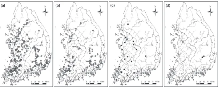 Fig. 3.   Distribution map of four exotic species introduced in Korean peninsula. (a) Micropterus salmoides, (b) Lepomis macrochirus, (c)  Carassius cuvieri, and (d) Oreochromis niloticus.