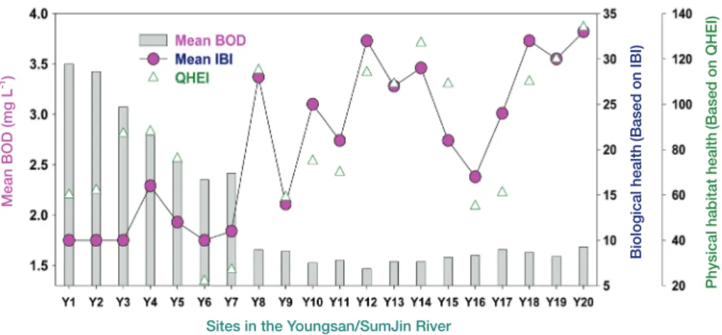 Fig. 2.   Comparison of Index of Biological Inegrity (IBI), physicochemical water quality and Qualitative Habitat Evaluation Index (QUEI)  in Youngsan River.