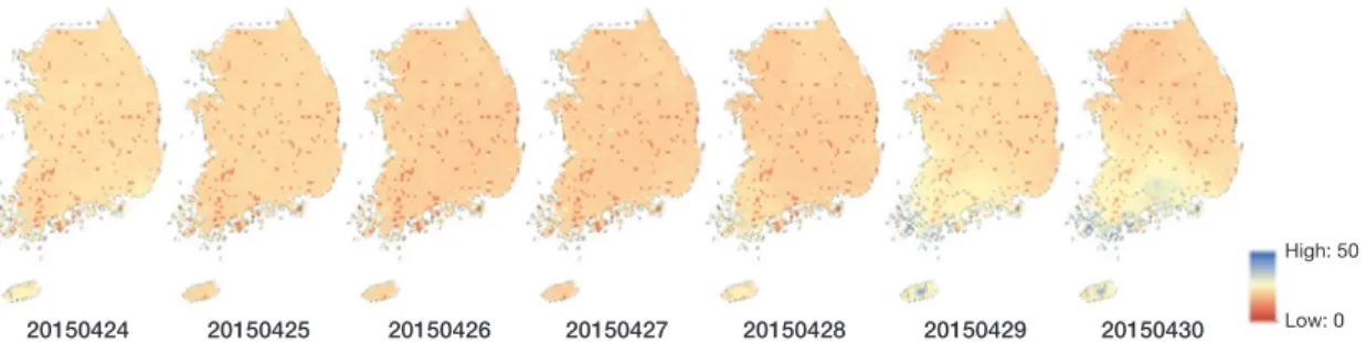 Fig. 6. Automatic weather station (AWS) precipitation data from April 24 to April 30 in 2015.