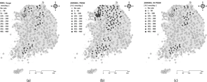 Fig. 2. Comparison of the Precipitation Occurrence and Amount from (a) Rain Gauges, (b) PRISM, and (c) M-PRISM on 2009-08-01 (Case I) 