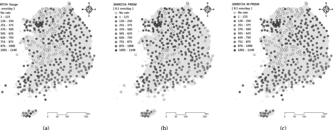 Fig. 5. Comparison of the Precipitation Occurrence and Amount from (a) Rain Gauges, (b) PRISM, and (c) M-PRISM on 2009-07-24 (Case IV) 